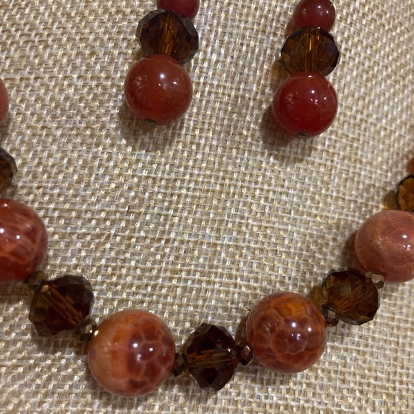 Fire Agate beaded necklace and French wire earrings. Glass Faceted Beads - Picture 3 of 4